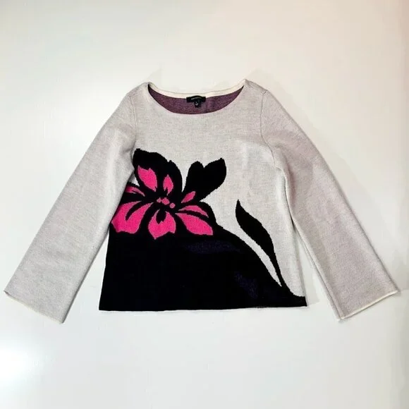 Ann Taylor Sweater Knit Floral Wool Bell Sleeve Black Barbie Pink Medium Grey - Picture 2 of 8